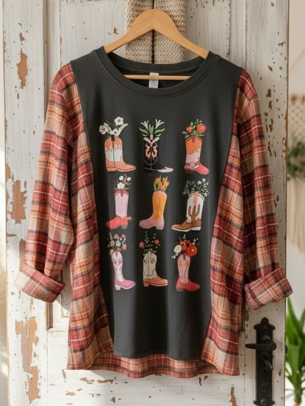 Western Flannel Upcycled Top T Shirt Boots Cowgirl Boyfriend Oversized